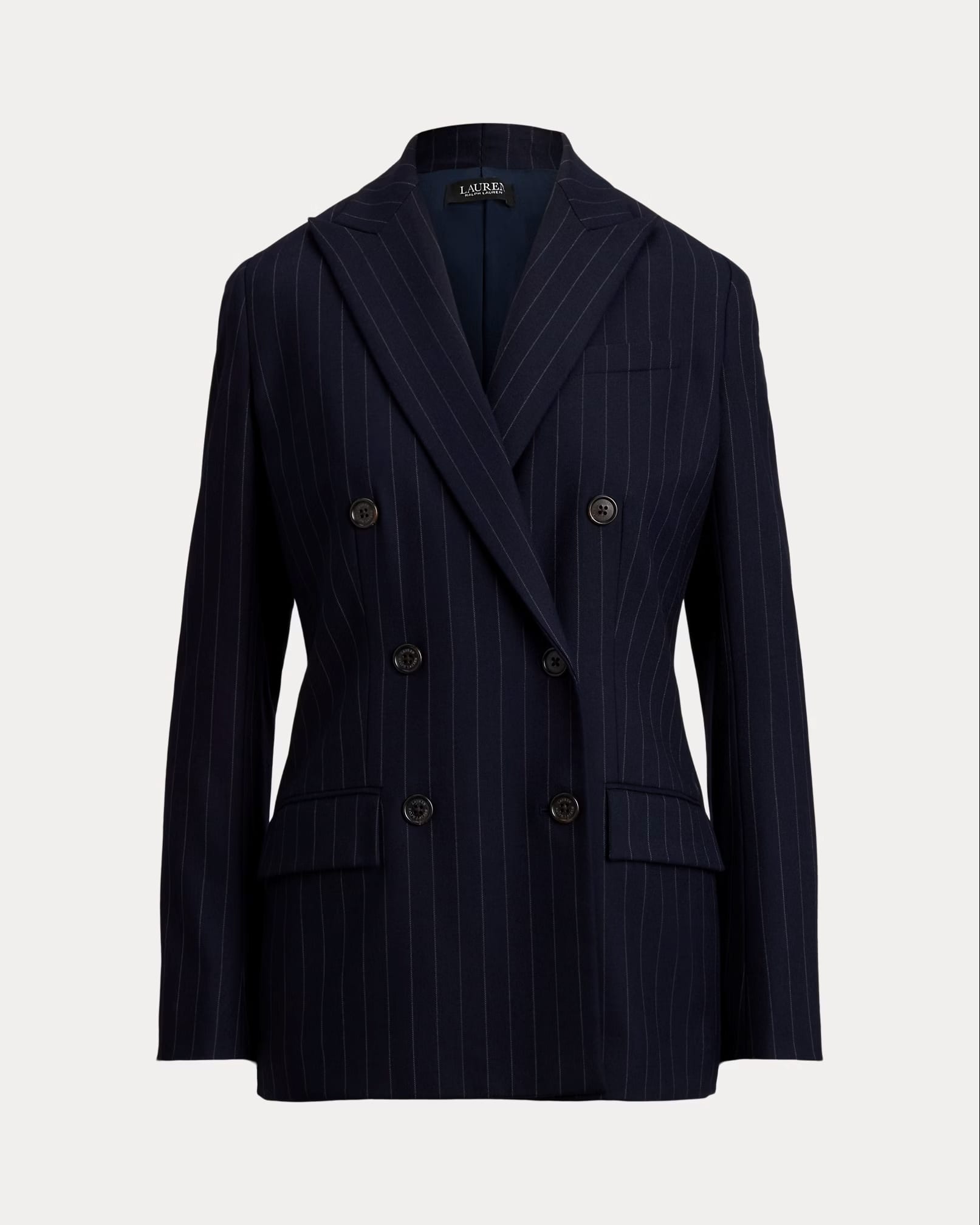 Double-Breasted Pinstripe Twill Blazer in Navy/Cream, $385 (approximately P21,848.56), RALPH LAUREN. ralphlauren.com